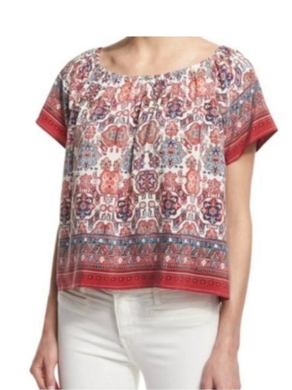 Joie Red and Blue Printed Short-Sleeve Peasant Top